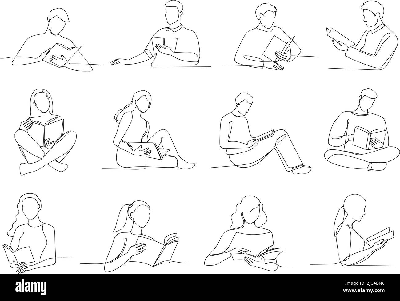 Eine Zeile liest Bücher. Lesen von Menschen, Schüler mit Buch in der Lektüre einzigen kontinuierlichen Gliederungsvektor Illustrationsset zu engagieren Stock Vektor