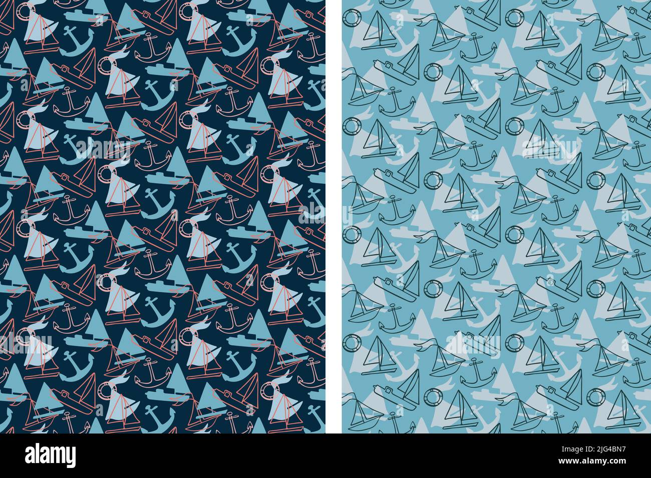 Marine Boote nahtlose Muster, Satz von 2. Handgezeichneter Doodle-Cartoon-Stil. Farbe: Blaugrau, rot. Geometrische Gitteroberflächenebene. Transparent Stock Vektor