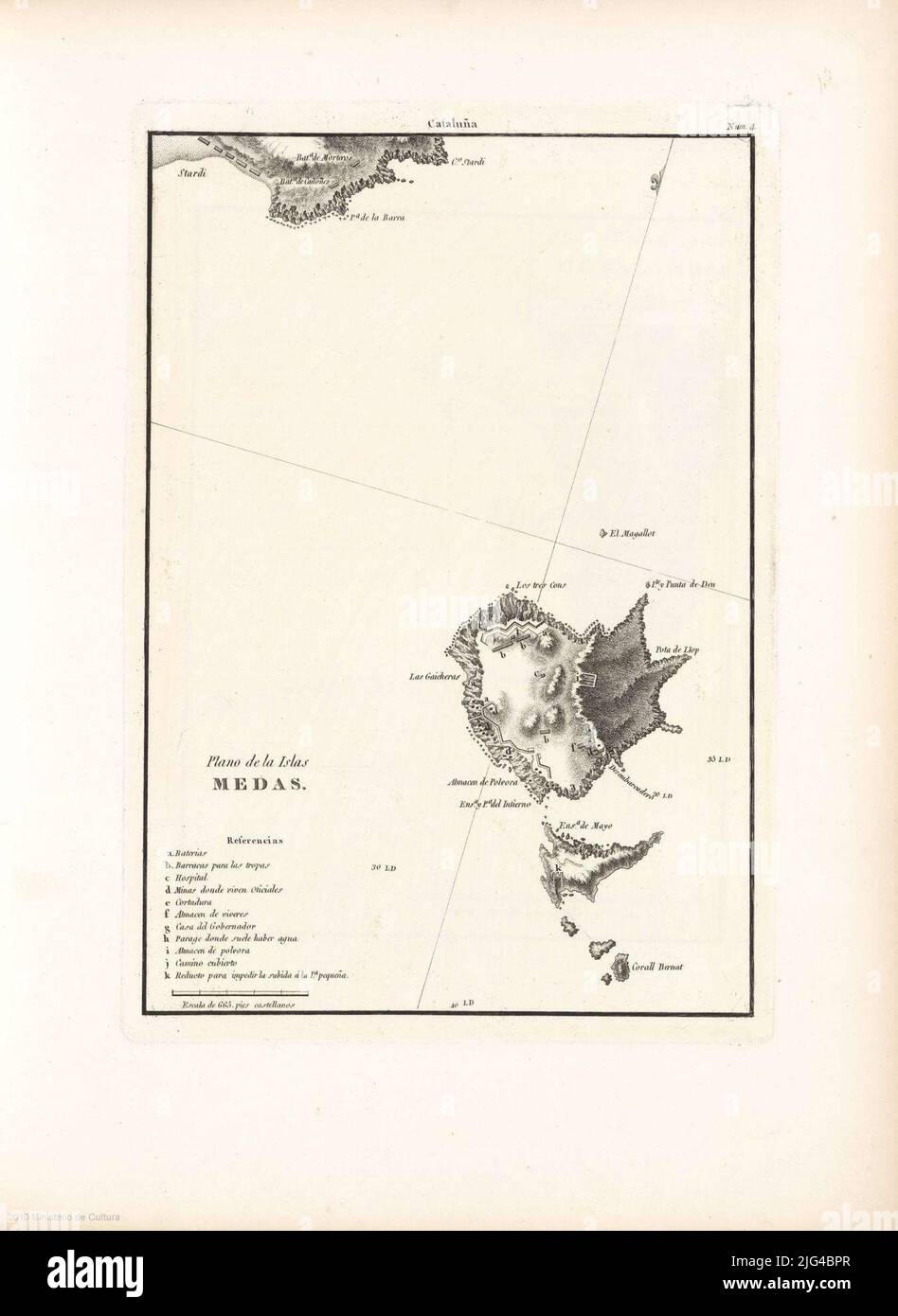 Plan der Medas-Inseln. Zeigt Sonden und niedrige Relief durch normale und schattierte Küste toponymy Schlüssel alphabetische Taste, um Batterien, Kasernen, Krankenhäuser, Minen, wo sie leben Offiziere, geschnitten, Lager des Lebens ... grafische Skala von 665 Castellan Fuß [= 4,3 cm] anzuzeigen. Orientiert mit durchschnittlichem LIS in vier Richtungen am oberen Rand: 'Catalonia' dieser Brief wurde auch in einem losen Blatt veröffentlicht Stockfoto