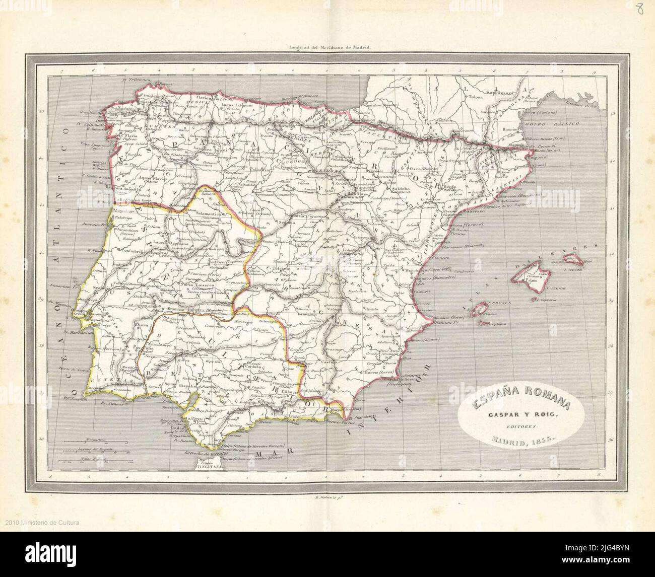 Römisches Spanien. Meridian Graduate Marges of Origin: Madrid Relief by Normal Hydrographic Network Mares hervorgehoben mit einem feinen Kratzer administrative Abteilungen differenziert durch toponyme Farblinien der wichtigsten Bevölkerungszentren Skala in anderen ausgedrückt Stockfoto