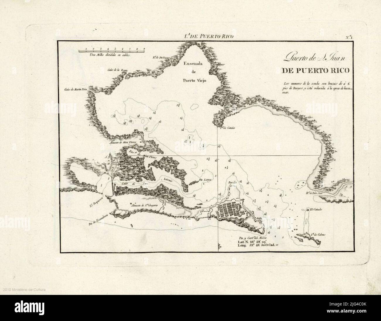 Hafen von San Juan de Puerto Rico. Es stellt die Bucht und die Halbinsel dar, auf der sich die Stadtkoordinaten von La Punta und Castillo del Morro befinden, die auf den Meridian von Cádiz verweisen. Orientiert mit durchschnittlichem LIS-Relief, dargestellt durch Schatten, zeigt Veriles und batimetrische Sonden an Stockfoto