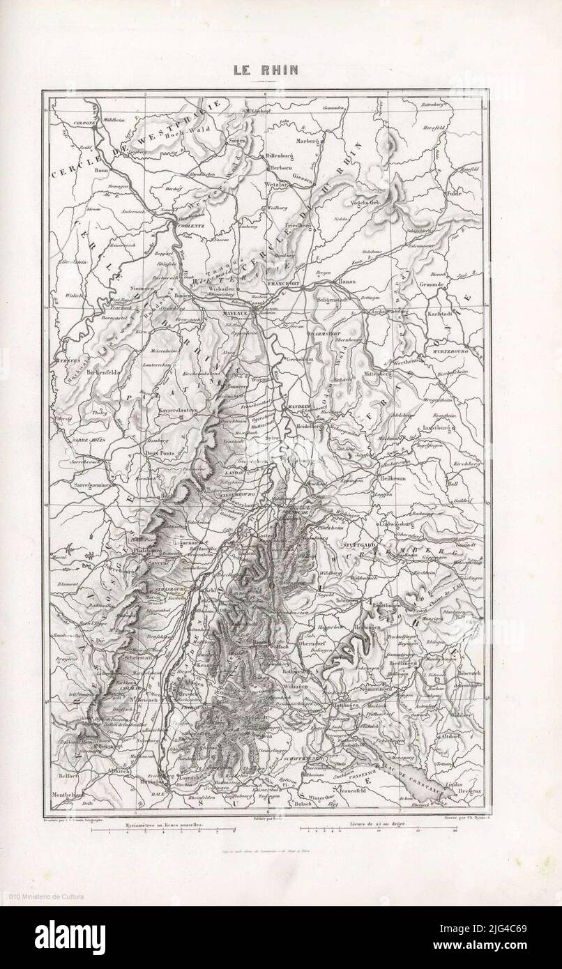 LER RHIN: [Und angrenzende Länder - Mape für den Geheimdienst der Kriege Ludwigs XIV. Und der ländlichen Gebiete von 1793, 1795, 1799 und 1814. KOORDINATEN: E4 20'-E7 40 '/N51 10'-N47 27'. Der Meridian von Paris umfasst auch eine Skala in Ligen von 25 bis Stockfoto