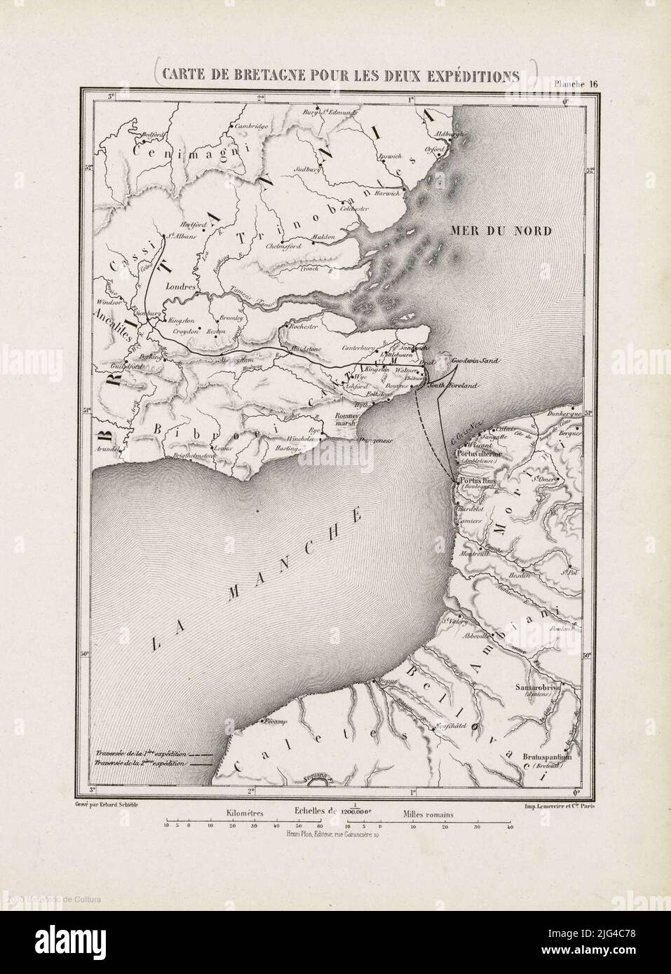 Brittany-Karte für die beiden Expeditionen. Grafische Skala auch in „Kilometer“ und „Meilen Romains“. KOORDINATEN: O3 08 '/E0 10'/N52 18'-N49 32 '. Pariser Meridian Relief Stockfoto