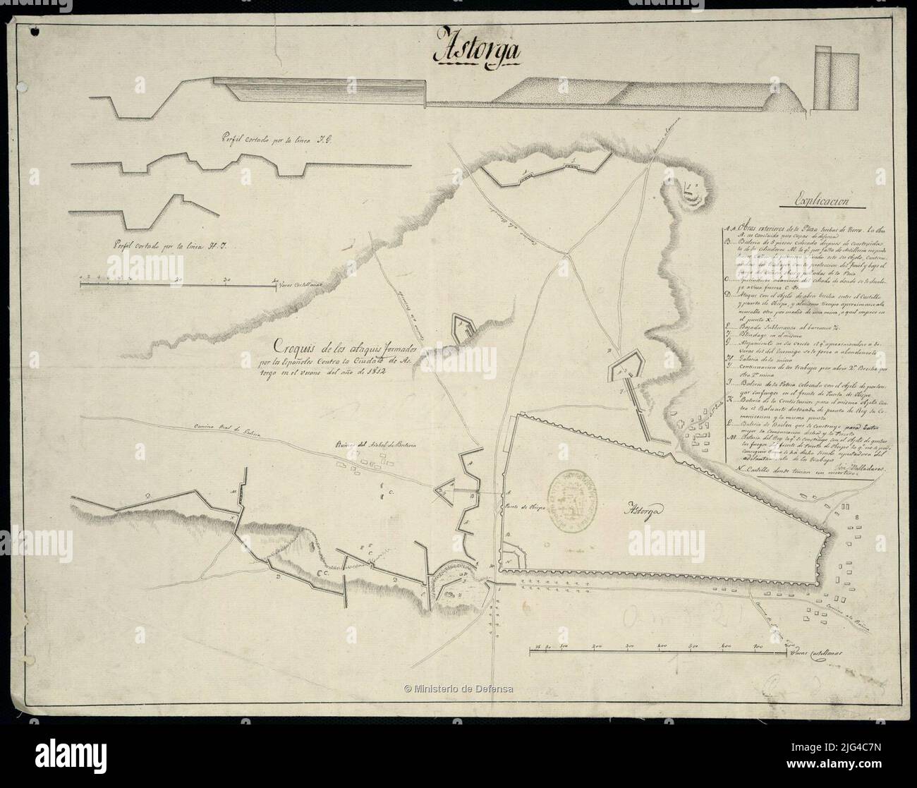 Skizze der Angriffe der Spanier gegen die Stadt Astorga im Sommer des Jahres 1812. Manuskript vom Autor signiert und abonniert. Eine Black Ink Plumilla-Beziehung der verschiedenen Batterien, die durch das alphabetische Schlüsselsiegel der topografischen allgemeinen Einlage von Ingenieuren gekennzeichnet ist Stockfoto