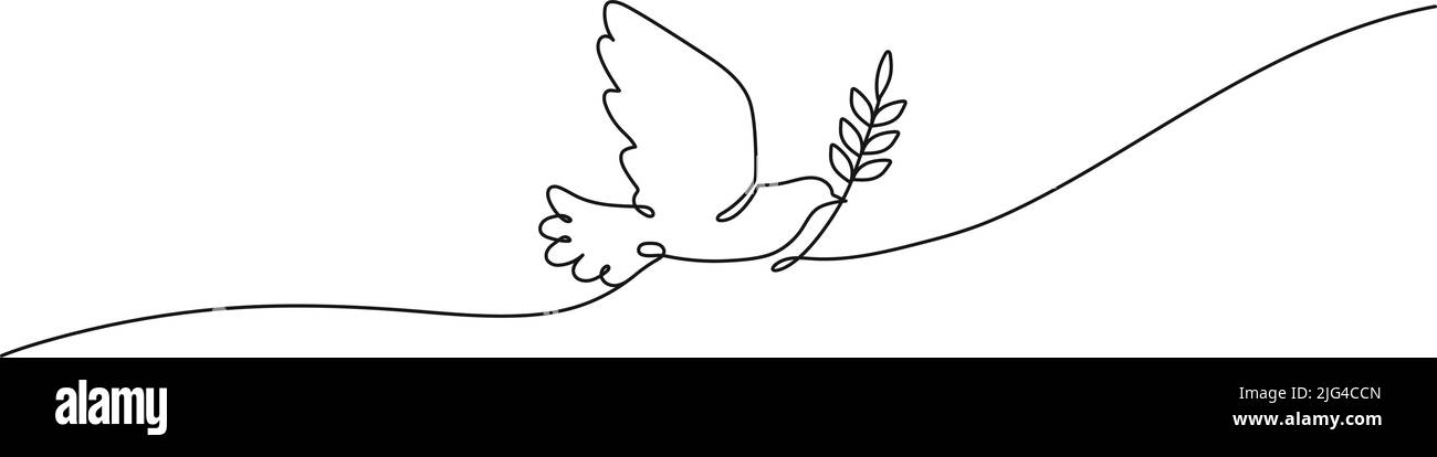 Taube mit Olivenzweig. Friedenssymbol, fliegender Vogel mit ausgestreckten Flügeln, fortlaufende Vektordarstellung mit einer Linie Stock Vektor