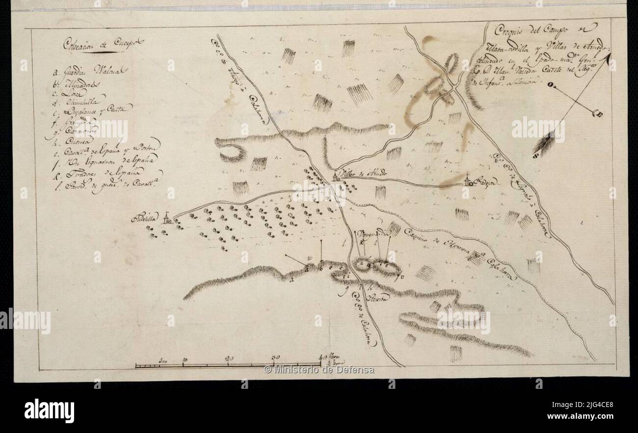 Skizze des Mata-Rodilla- und Villar de Arnedo-Feldes. Es umfasst einen Teil der kommunalen Bedingungen von El Villar de Arnedo, Pradejón und Tudelilla in der Provinz Logroño Datum aus dem Katalog der SGE: 'Castilla la Vieja. Provinz Burgos und Logroño“. 1967, S.190 orientiert mit Pfeil im Quadranten-Relief, dargestellt durch Striche, Verhältnis der Positionen, die von verschiedenen in diesem Bereich installierten Armeekörpern besetzt sind, gekennzeichnet durch alphabetische Taste Stockfoto