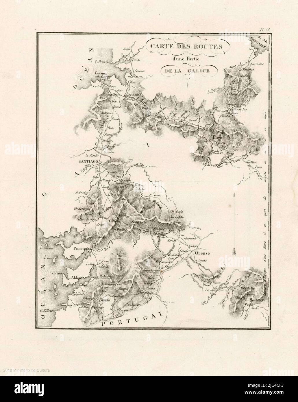 Straßenkarte eines Teils der Galicien. Normales und schattiges Relief orientiert mit Pfeil von Straßen.- Hydrographie Populationen entsprechend ihrer Bedeutung dargestellt Stockfoto