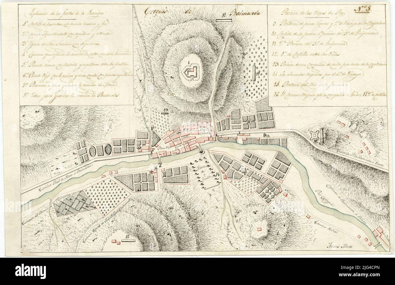 Choquis von balmaseda [mapa]. Es umfasst die Stadt Valmaseda und seine Umgebung Datum aus dem Katalog der SGE: "Vasco-Navarra Region. Provinzen Alava und Vizcaya. XVI bis XIX Jahrhunderte.' 1968, S. 145 die Orographie über das Verhältnis der von den realistischen und kaslistischen Truppen besetzten Befestigungsanlagen, die durch Zahlenschlüssel gekennzeichnet ist, ist im dritten Karlistenkrieg (1872-1876) in verschiedenen Farben eingeschrieben Stockfoto