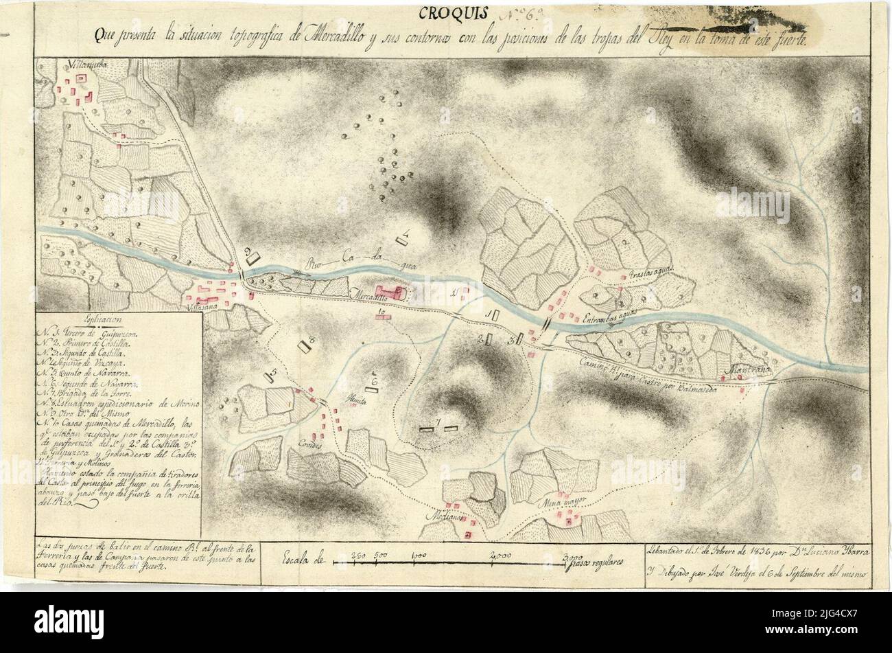 Skizze, die den topografischen Markt des Marktes und seine Konturen mit den Positionen der Truppen des Königs bei der Einnahme dieser Festung [Karte] darstellt. Sie umfasst einen Teil der Rechtspartei Valmaseda, der sich auf der grafischen Skala des Flusses Calagua mit 3000 regelmäßigen Schritten [= 8 cm] konzentriert.Schattenorographie-Beziehung der verschiedenen realen Einheiten, die durch numerische Schlüssel am unteren Rand angezeigt wird: "Die beiden Kräfte, um die RL Straße an der Spitze der Ferreria und die der Kampagne von diesem Punkt an die verbrannten Häuser vor dem Fort übergeben schlagen" ist innerhalb der ersten Carlist-Krieg oder Krieg der sieben Jahre registriert Stockfoto