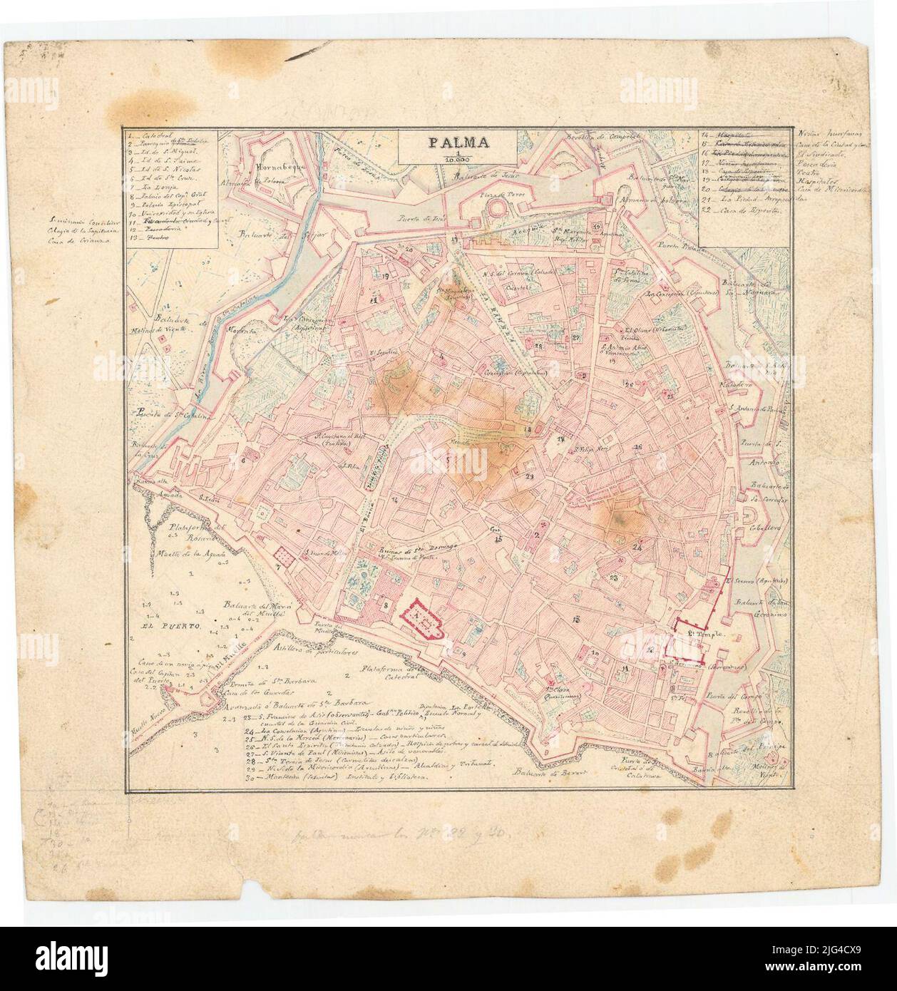 Palma. Erwähnung der Verantwortung aus dem Katalog der SG: 'Balearen. XVII bis XIX Jahrhundert. 1972, S. 71 Manuskript zu Plumilla in schwarzer Tinte, rot, grün und blau Beziehung der wichtigsten Gebäude der Stadt, durch numerische Schlüssel relative Note, "Original coello" Anmerkungen zum Vers angegeben Stockfoto