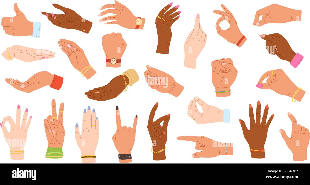 Handgesten. Menschliche Hände halten, zeigen und greifen. Multiethnische Hände mit Zubehör an den Handgelenken Vektor Illustration Set Stock Vektor