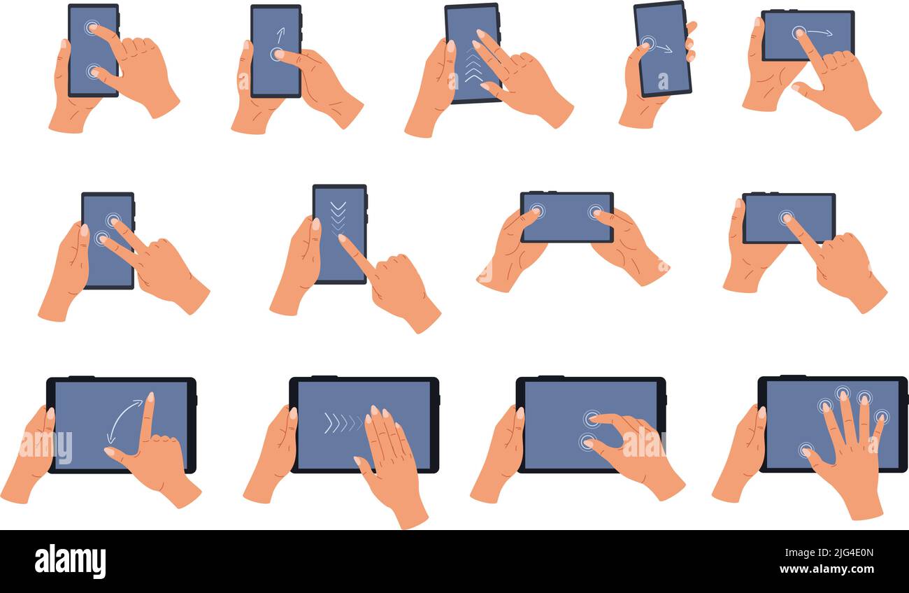 Cartoon-Touchscreen-Handgesten, menschliche Hände auf Smartphone- und Tablet-Bildschirm. Vektorgrafik Stock Vektor