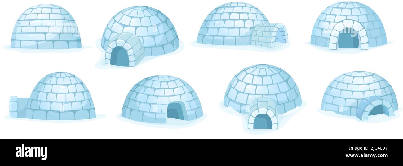 Cartoon-Iglu. Schneehütte, Winterhaus aus Schnee und arktischen Schutz Gebäude aus verschiedenen Winkeln Vektor-Set gebaut Stock Vektor
