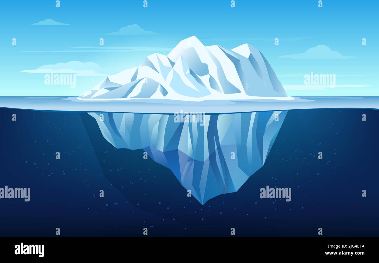 Cartoon-Eisberg. Growler schwimmt im Ozean, unterwasser Teil des Eisbergs und Spitze. Giant Ice Schiff Vektor Hintergrund Illustration Stock Vektor