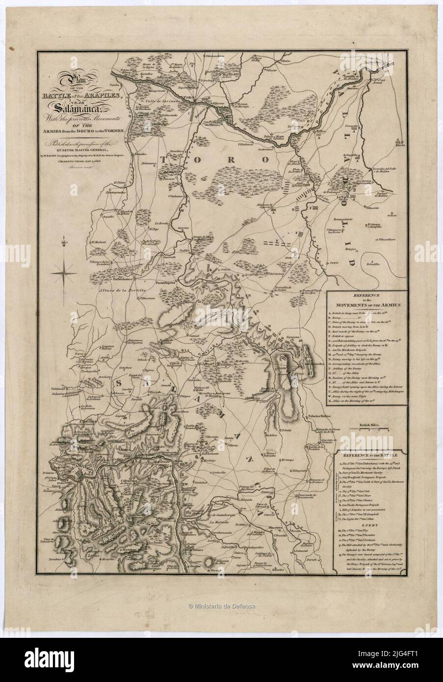 Plan der Schlacht von den Arapiles, bei Salamanca : mit den vorhergestafften Bewegungen der Armeen vom Douro zu den Tormes. Es umfasst den nordöstlichen Teil der Provinz Salamanca, südwestlich von Valladolid und südöstlich von Zamora orientiert mit LIS in acht Winden Entlastung durch normale Beziehung der Bewegungen der Armeen mit Hilfe angegeben dargestellt Stockfoto