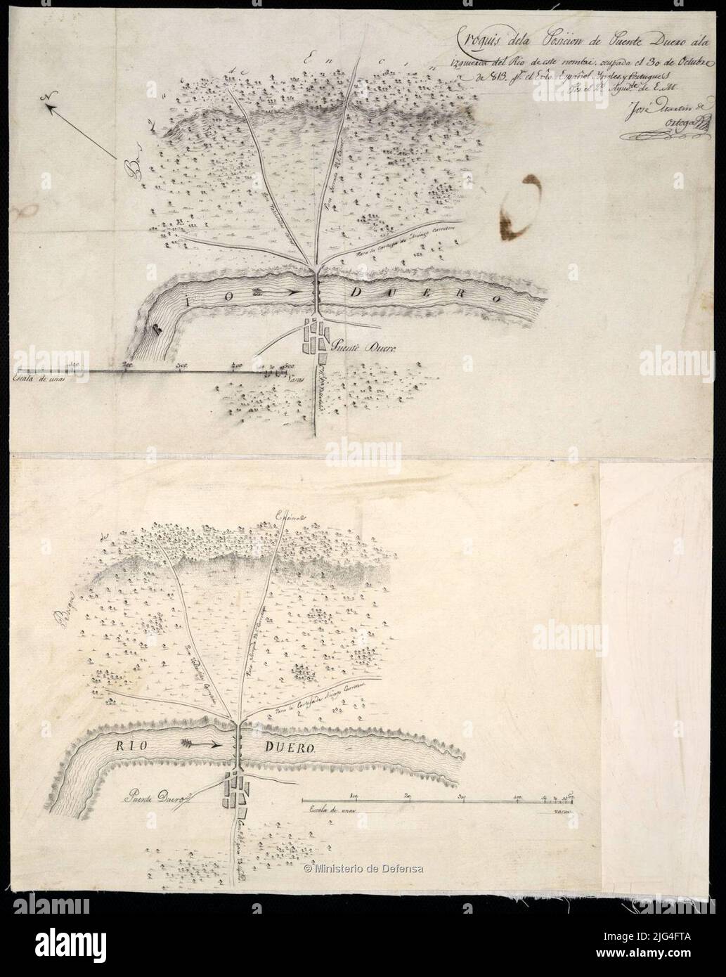 Skizze der Position von Puente Duero links vom Fluss dieses Namens: Besetzt am 30. Oktober 813 PR. Das extrem spanische Englisch und Portugiesisch. Es stellt auf schematische Weise die Bevölkerungsebene und die Brücke über den Manuskriptbesitzer vom Autor signiert und signiert offenbar, die Skala entspricht 1 Fuß für 1.000 Stäbe. Geliefert Pfeil durch Manuskript auf schwarze Tinte dargestellt orientiert, zeigt die Richtung der Strömung im Duero Fluss zeigt die Straßen und seinen Bestimmungsort unterhaltsam zusammen mit einem anderen Exemplar des gleichen Titels, ohne Datum, Unterschrift Stockfoto