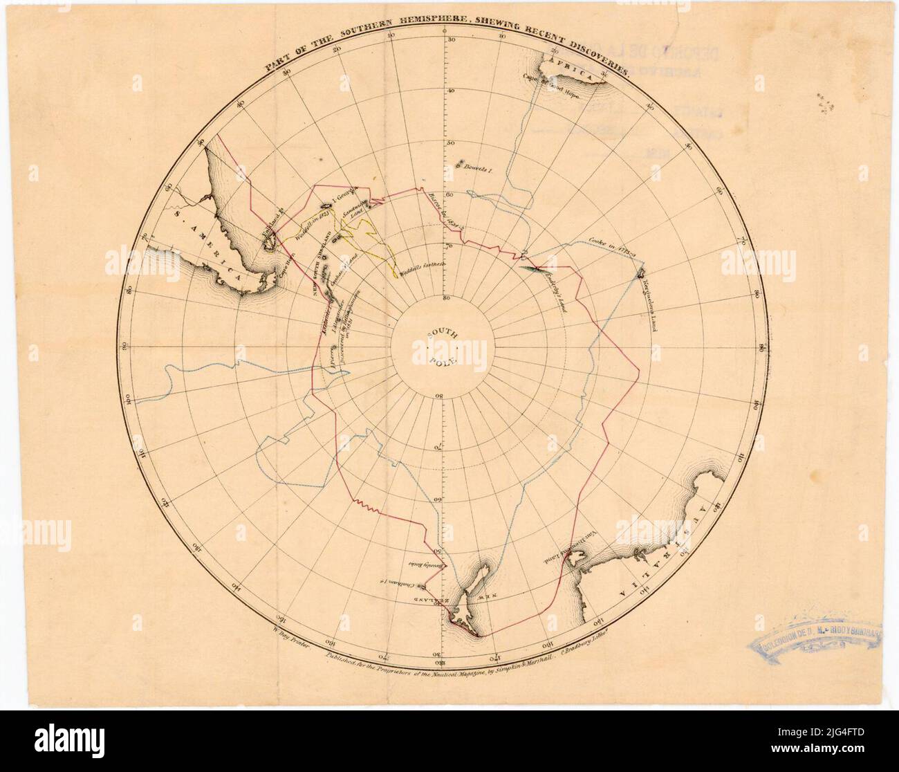 Ein Teil der südlichen Hefalle, der jüngste Entdeckungen zeigt. Von einem Rasiermesser gefundener Maßstab [= 0,15 cm]. 10 Grad Geographisches Netzwerk in 10 Grad zeigt die Wege von Cooke und Biscoe kommt aus der 'Rico y Sinobas Collection' Stockfoto