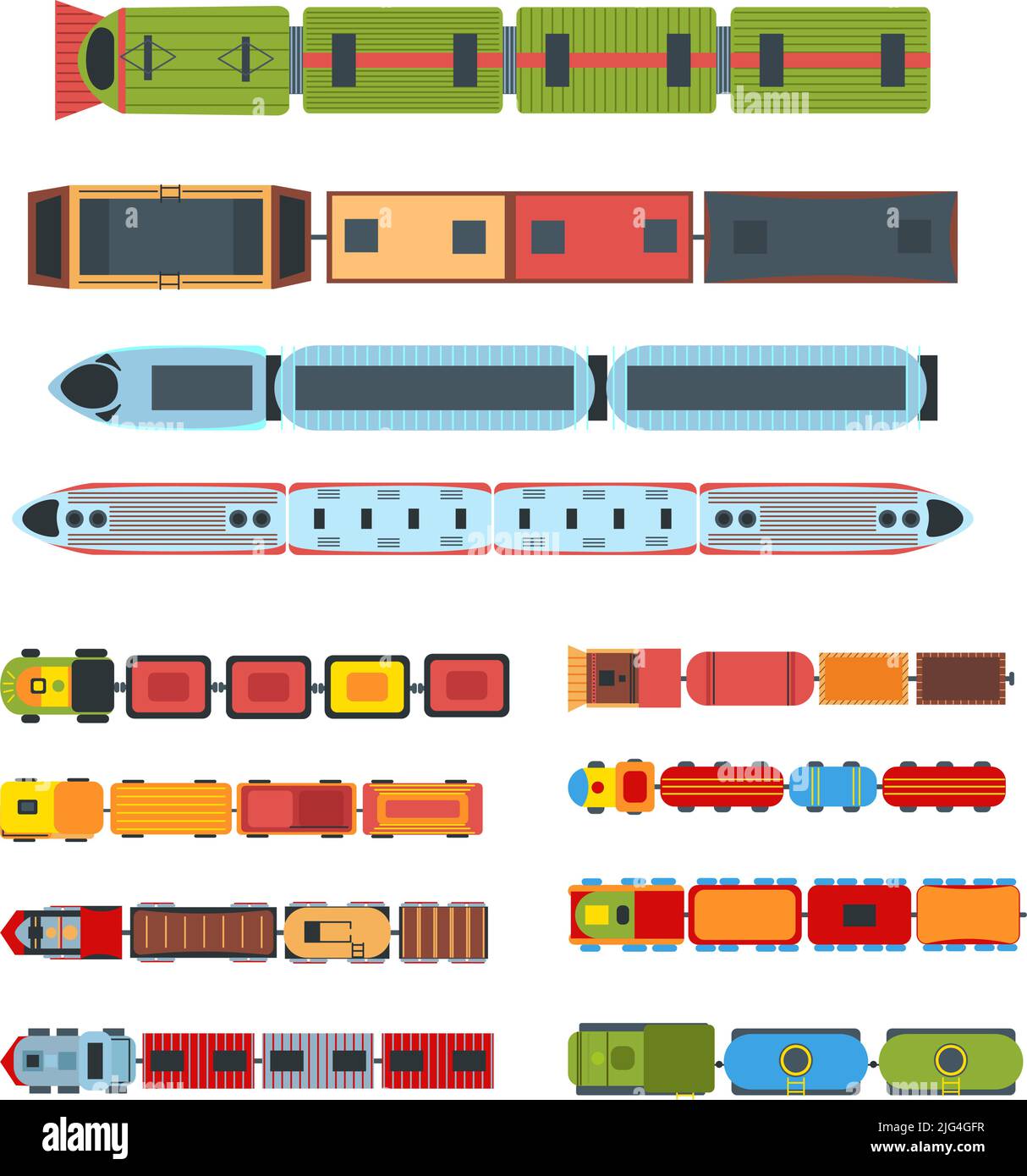 Züge von oben. Kinder Spielzeug Lokomotive Zug mit Waggons, Kinder Eisenbahn Vektor Illustration Set Stock Vektor