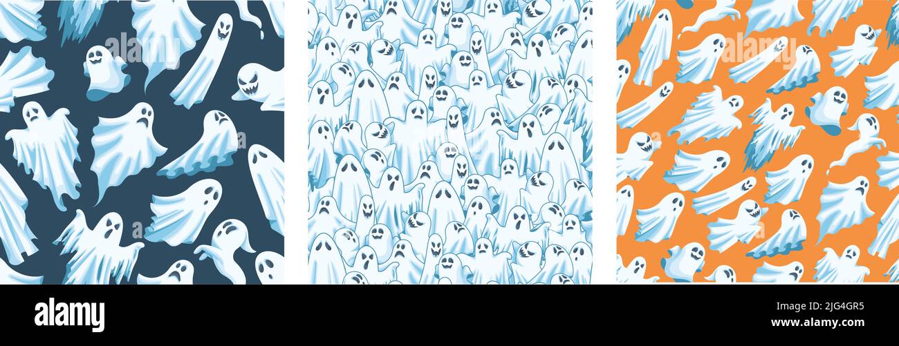 Cartoon-Geist. Gruseliger Halloween-Geist, Poltergeist-Charaktere, zornige und glückliche Geister in weißem Stoff Vektor-Illustration-Set Stock Vektor