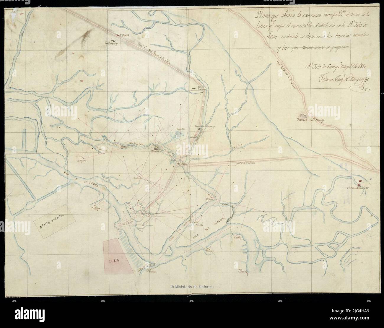 Ebene, die die entsprechende Verlängerung umarmt. In die Mitte der QE-Linie. Es besetzt den andalusischen Execito in der RL. Isla de León, wo die aktuellen Batterien abgegrenzt werden und die, die wieder vorgeschlagen werden. Manuskript vom Autor signiert und abonniert. Eine schwarze Tinte und ein farbiger Aquarell in Blau, Sepia und Karmin zeigen den Winkel des Artillerieschießens und feindlicher Batterien an Stockfoto