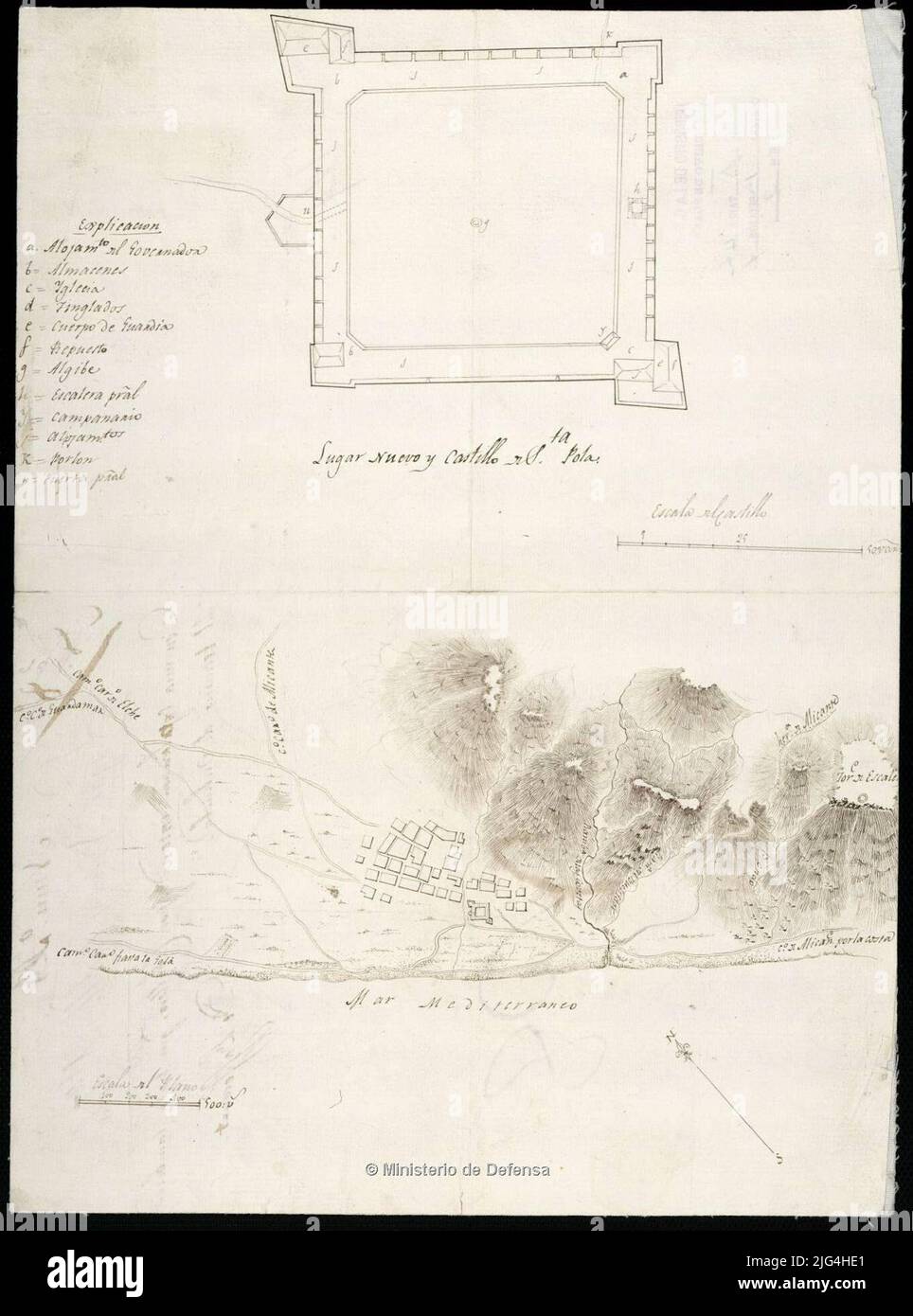 Neuer Ort und Castillo de Sta. Pola. Es stellt das Burgflugzeug und einen Stadtplan für den Ort der ersten Erwähnung der Verantwortung aus dem Katalog der SG. 'Provinz Alicante. XVII bis XIX Centuries', 1970, S. 352 Manuskript zu Plumilla in schwarzer Tinte Beziehung der wichtigsten Abhängigkeiten der Burg durch alphabetische Schlüssel angegeben eingefügt: Plan der Stadt Santa Pola und sofort. - Skala [ca. 1:19.000] Stockfoto