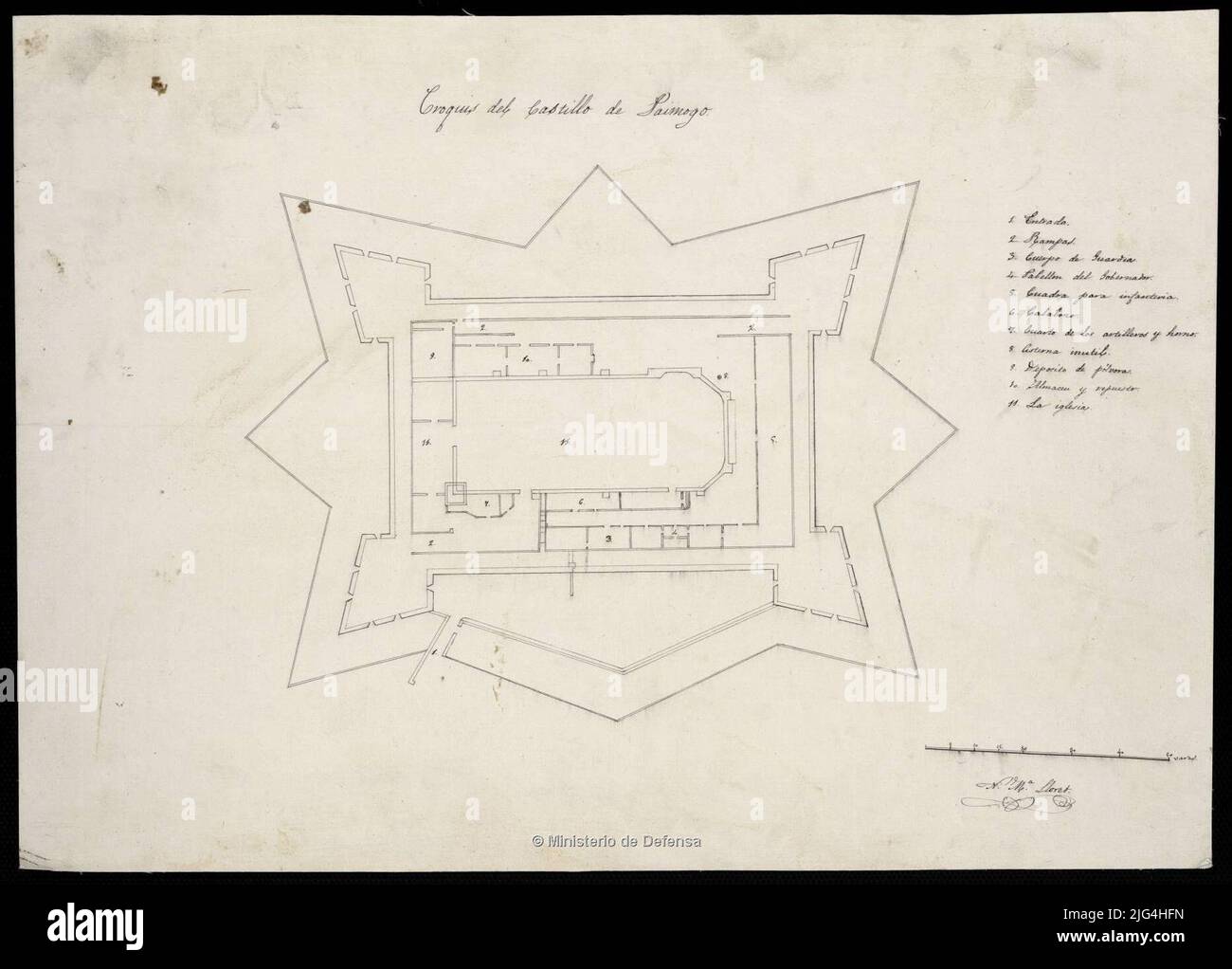 Paimago Castle Sketch. Es präsentiert die Befestigung des Manuskripts Paymogo unterzeichnet und vom Autor unterzeichnet. Eine Black Ink Plumilla-Beziehung der Hauptabhängigkeiten der Burg, die durch einen numerischen Schlüssel angezeigt wird Stockfoto