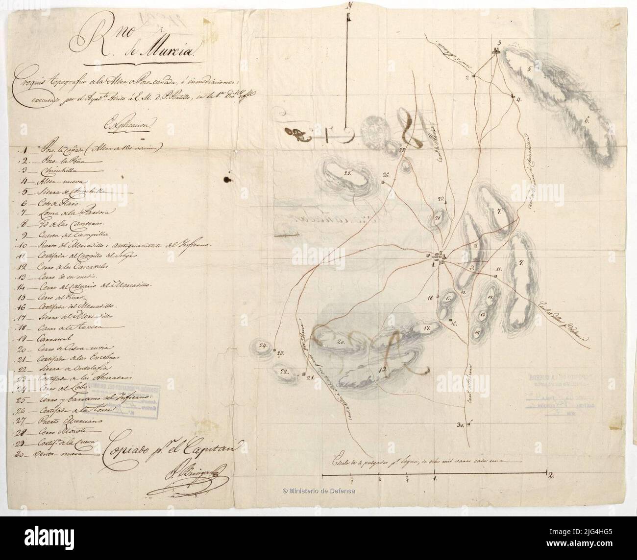 Topografische Skizzen des Dorfes Pozo Cañada und sofort: rno. Von Murcia. Manuskript vom Autor signiert und abonniert. Eine schwarze, mit mittlerem Relief orientierte Tinte, dargestellt durch die Schattierungsbeziehung der wichtigsten geographischen Unfälle, Populationskerne usw., die durch numerische Filigrane und Anagramm mit Schild angezeigt wird Stockfoto