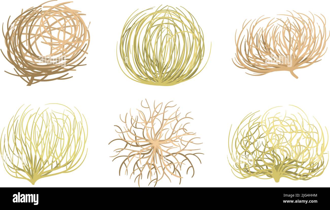Cartoon-Tumbleweed. Westliche Täler und Wüsten Pflanzen, Rollen trocken Tumble Unkrautkugel Wurzeln Vektor-Set Stock Vektor