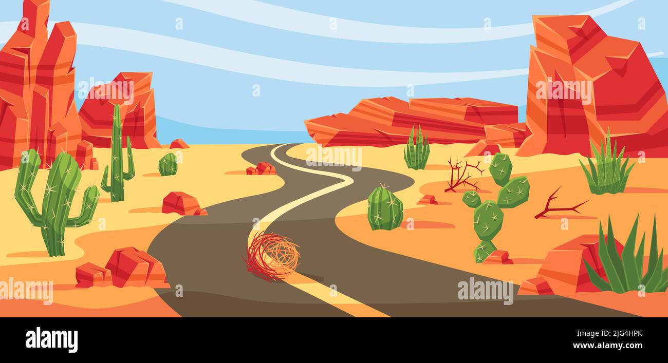 Wüstenstraße. Death Valley, westliche heiße Sommer-Autobahn mit Kakteen und Tumbleweeds Vektor Landschaft Hintergrund Illustration Stock Vektor