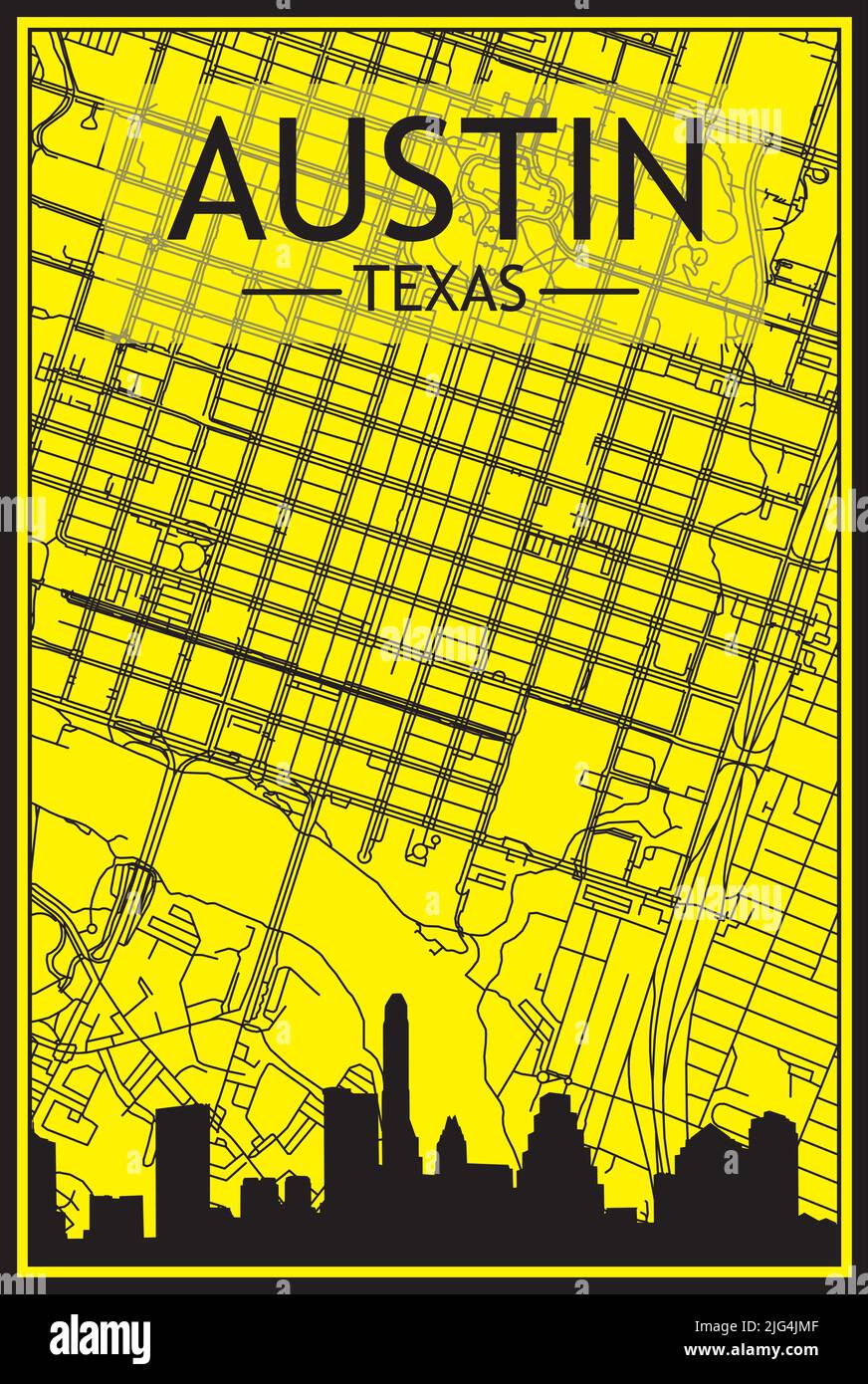 Goldenes Stadtplakat mit Panoramasilhouette und handgezeichneten Straßen auf gelb-schwarzem Hintergrund der Innenstadt VON AUSTIN, TEXAS Stock Vektor