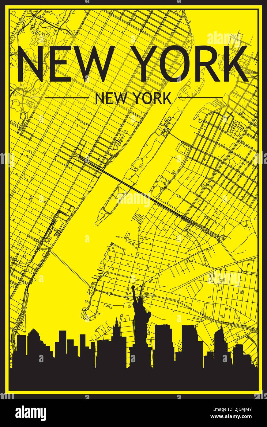 Goldenes Stadtplakat mit Panoramasilhouette und handgezeichneten Straßen auf gelb-schwarzem Hintergrund der Innenstadt VON NEW YORK CITY, NEW YO Stock Vektor