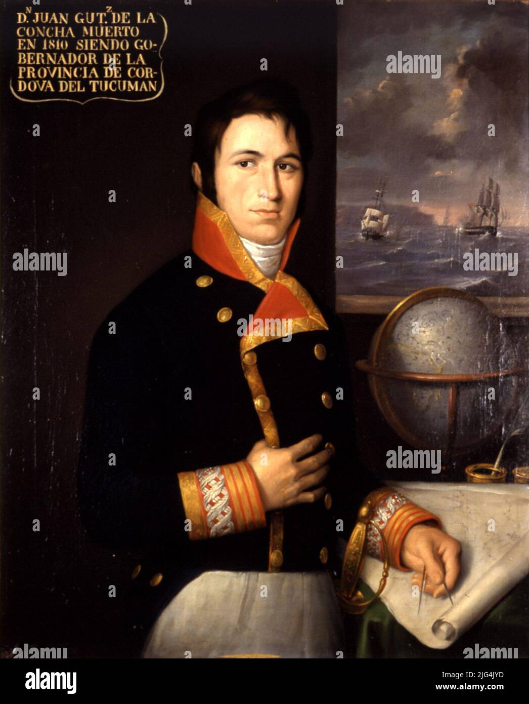 Porträt von Juan Antonio Gutiérrez de la Concha y Mazos de Güermes (1760-1810), Brigadier der Royal Navy. Hochformat. Halber Körper, gerade; kleine Brigadier-Uniform der Marine mit Truppenkommando; eine goldene galñon fehlt an der Bass-Front, was darauf hinweist, dass die Uniform eines Porträts des Leiters der Truppe, Generalleutnant oder Hauptmann, in dem diese Gallone nicht geschätzt wurde, wenn sie vom Gürtel bedeckt wurde. Linke Hand mit Compas auf nautischem Buchstaben; Hintergrund: Globe und links zwei Schiffe, die kämpfen, sind durch das Fenster zu sehen. Im linken oberen Winkel erscheint die Legende: 'Mr. Juan Gutiérrez d Stockfoto