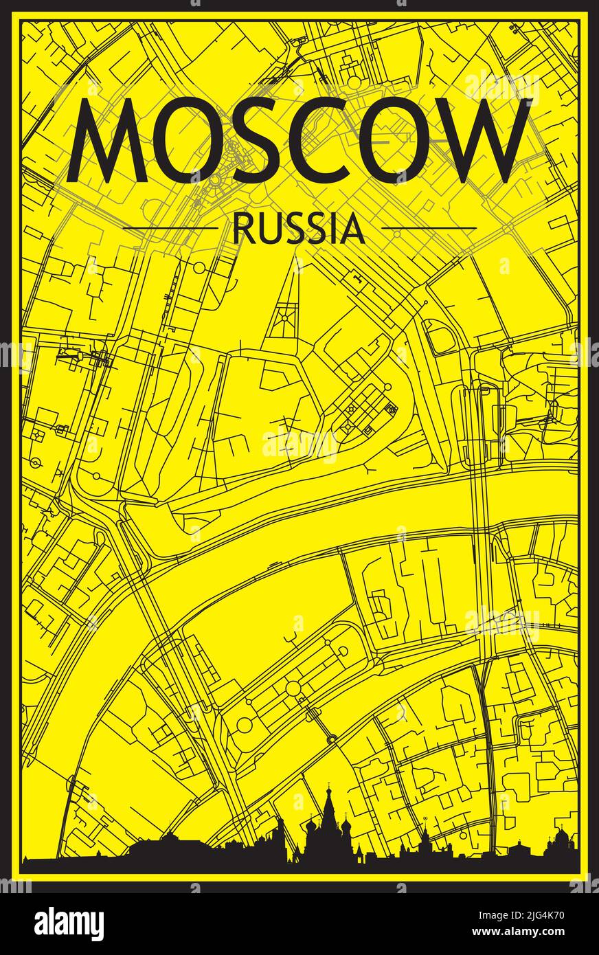 Goldener Ausdruck Stadtplakat mit Panorama-Skyline und handgezeichneten Straßen Netzwerk auf gelb-schwarzem Hintergrund der Innenstadt VON MOSKAU, RUSSLAND Stock Vektor