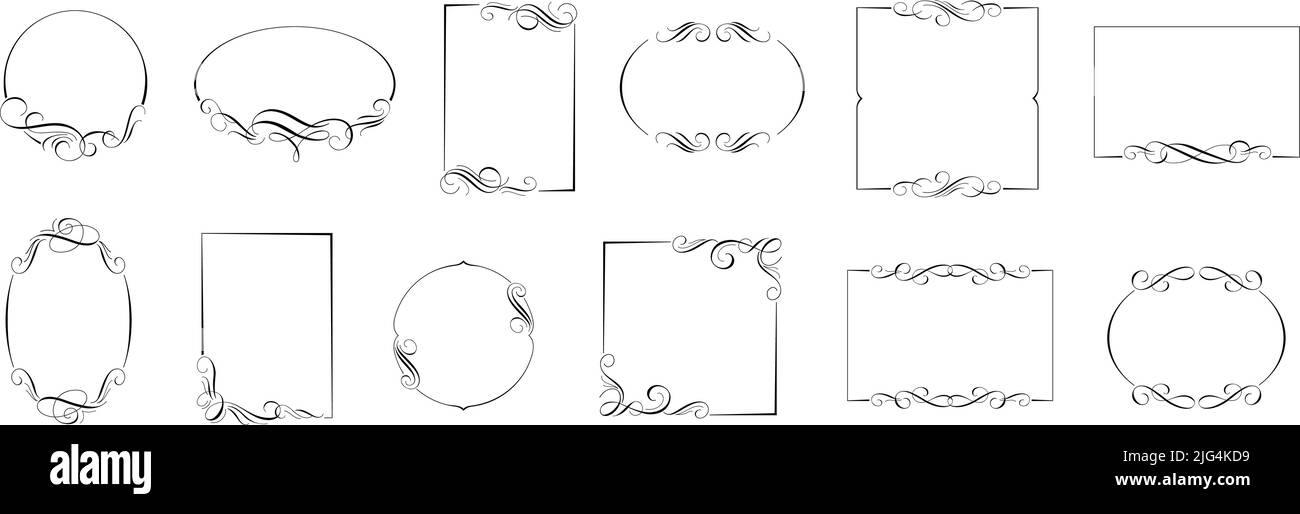 Kalligraphische Rahmen. Retro-Bordüren mit spitzen Stiftumschlägen und Wirbeln, ornamentale Abzeichen Vorlage und alte Etiketten Rahmen Vektor-Set Stock Vektor