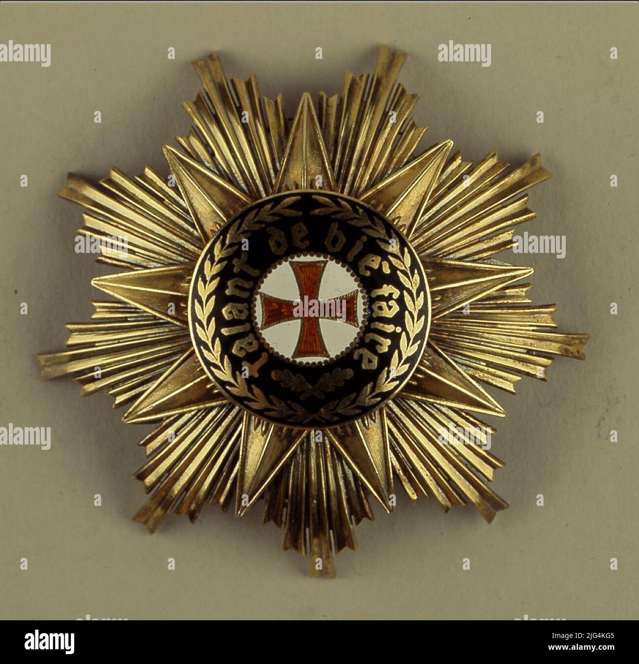 Platte des Großen Kreuzes des Infanten-Ordens Don Enrique de Portugal, Portugal. La Gran Cruz Platte. Teller des Großen Kreuzes des Infanten-Ordens Don Enrique de Portugal. Neun -spitzen concava -förmigen Auszeichnung, bestehend aus einem Satz von 54 Doppelstrahlen, Pläne, mit den Spitzen in 'UVE'. Auf dem Platzen ein 9-spitzer Windstern, in dessen Mitte ein emailliertes rotes Kreuz eingeschrieben ist. Im Exergo, auf dem schwarzen Emaille, die Registrierung talant: Aus: bie: Faire, umgeben von einer Gemüsekrone. Die Rückseite ist konvex mit einem Stift, der sie diametral kreuzt, um an der Kleidung eingehängt zu werden, an der Brust h Stockfoto