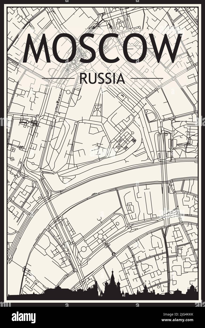 Stadtplakat mit hellem Ausdruck und Panoramasilhouette und handgezeichneten Straßen auf Vintage-beigefarbenem Hintergrund der Innenstadt VON MOSKAU, RUSSLAND Stock Vektor