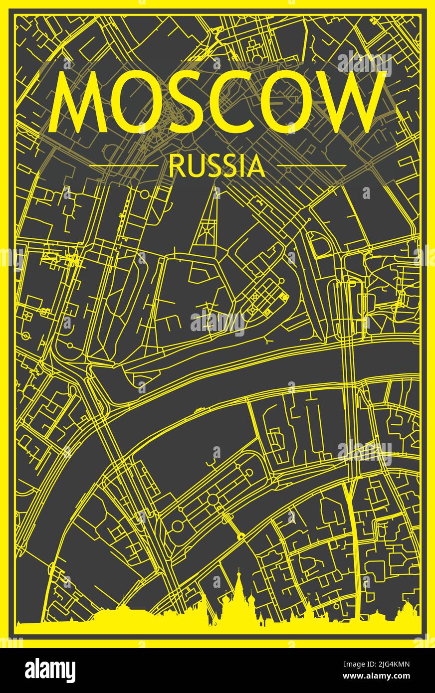 Gelber Ausdruck Stadtplakat mit Panorama-Skyline und handgezeichneten Straßen Netzwerk auf dunkelgrauem Hintergrund der Innenstadt VON MOSKAU, RUSSLAND Stock Vektor