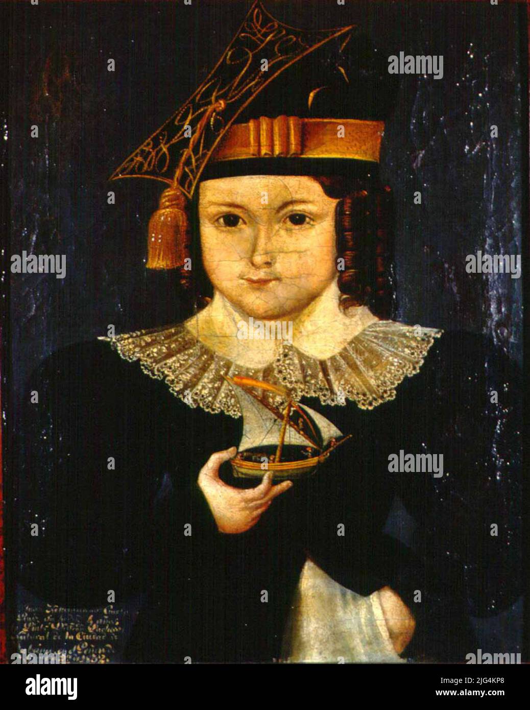 Porträt von Juan Nepomuceno Cuesta und Ruíz. Hochformat. Craquelado in Spinnen- und Gittertuch. Machen Sie ein kleines Schiff mit spanischer Flagge. Grauer Hintergrund. Halbkörperportrait, ein rundes Gesicht mit braunen Augen, die nach vorne schauen, Frisur mit Zugkraft. Auf seinem Kopf trägt er eine Art Birrete mit goldenem Klebeband, das ihn mit doppeltem lazada und Falte umgibt. Der obere Teil präsentiert sich und Quaste. Er trägt ein schwarzes Kleid mit Ärmeln mit Schwimmen, Hals mit Spitze, schwarz, linke Hand in der Tasche, in seiner rechten Hand zeigt ein kleines Boot mit einer spanischen Flagge und grauem Hintergrund. Winkel Inf. Izqdo: D. Juan Nepomuceno Cuesta / y Ruiz His Stockfoto
