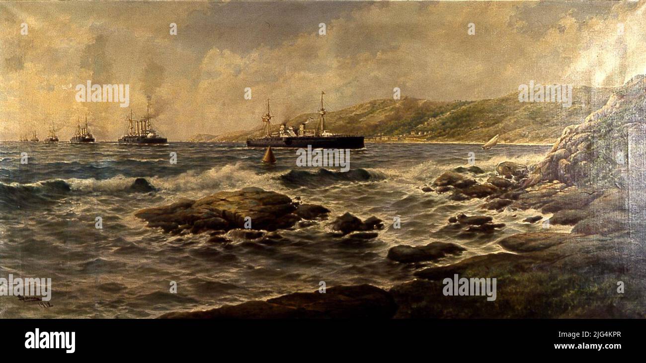 Ansicht der Mannschaft, die in die Ría de Ferrol eindringt (1912). Malen. Öl auf Leinwand, 106 x 206 cm. Signiert von Ildefonso Sanz und Doménech (1863-1937) im linken unteren Winkel: A. Sanz / 1912. Die Schiffe, die für den Generalkommandeur der Vizeadmiral-Truppe zuständig sind, die den Eingang zur Ferrol-Mündung einführt; An der Spitze das Schlachtschiff Pelayo, Abzeichen von Camargo und Kapitän des Kommandanten der Division 2., rückwärts Ventura Manterola und Álvarez, gefolgt von der Kreuzfahrt Kaiser Carlos V, Abzeichen der Division 1., und die Prinzessin Kreuzfahrten von Asturien und Katalonien, der gleichen Gruppe, Und auf der anderen Seite, die schließt Stockfoto