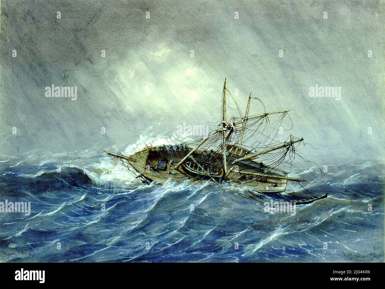 Goleta Cruz stürzte stark an den Küsten Brasiliens (10. Juni 1857). Malen. Schiff skalierten Hafen, von dem das Dach zu sehen ist. Zerbrochene Stöcke, mehrere gefallene Männer erscheinen auf dem Dach. Das Meer ist scharf zu der Zeit, die es anfängt .. Das Boot in der Nacht. Unterer Winkel Dcho: R. Monleón. Rangle Inf. Izqdo.: Juni 1886. In Zeichnung auf anderem White Paper Unterstützung. SERIE: Schiffe. Zeitlich Stockfoto