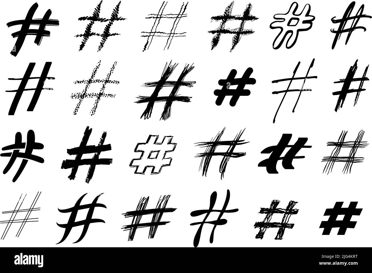 Handgezeichnete Hashtag-Schilder. Grunge Pinsel Hash Symbole, handgemalte Tag und Pfund Zeichen Vektor-Set Stock Vektor