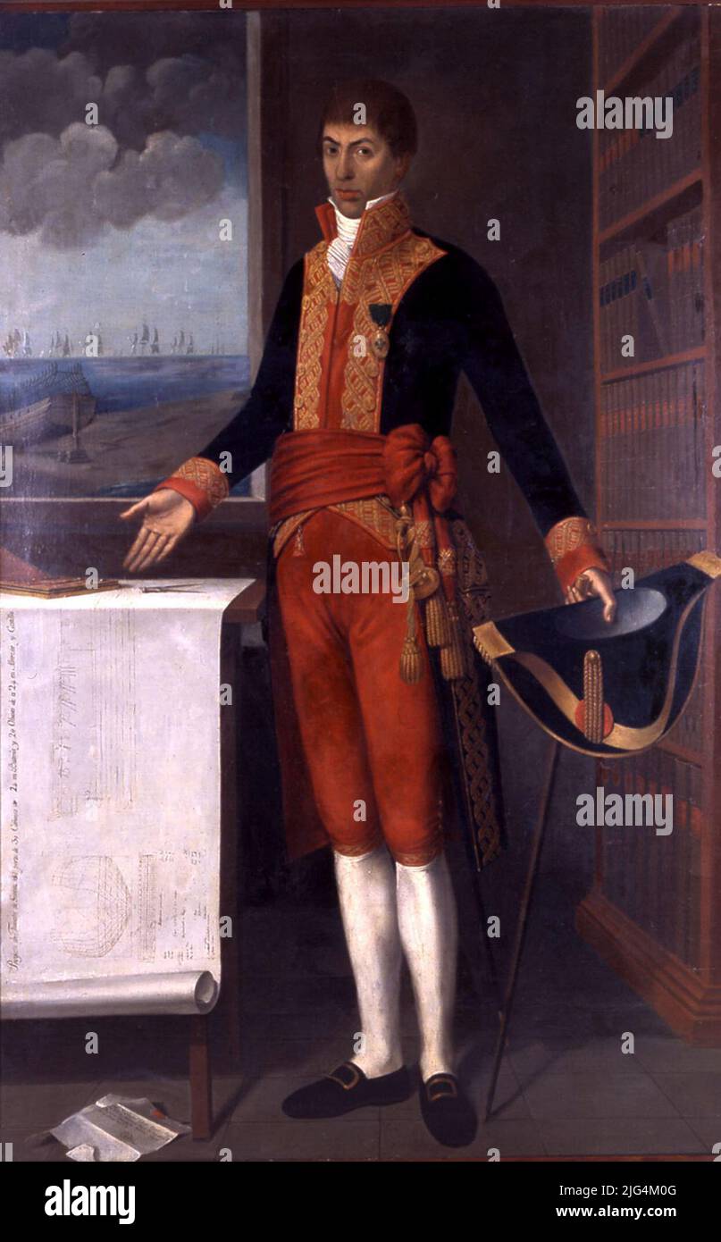 Porträt von Rafael Clavijo Fernández de Socas, Leiter der Kader der Royal Navy. Männliches Porträt. Rafael Clavijo Fernández de Socas, Leiter des Kaders der Royal Navy. REGISTRIERUNG - Transkription: 'Porte war Fregatte Projekt von 30 Kanonen mit 24 Batterien und 20 Obus von 24 und Alcázar y Castillo'. Registrierung - Standort: Linke Seite. ANMELDUNG - Transkription: 'A DN Rafael Clavijo Cavallero Professor / del ORN. De Alcántara; Leiter der E / Yngeniero Squader Direktor der Marine und des Kommandos. Registrierung - Standort: Linker Winkel unten Stockfoto