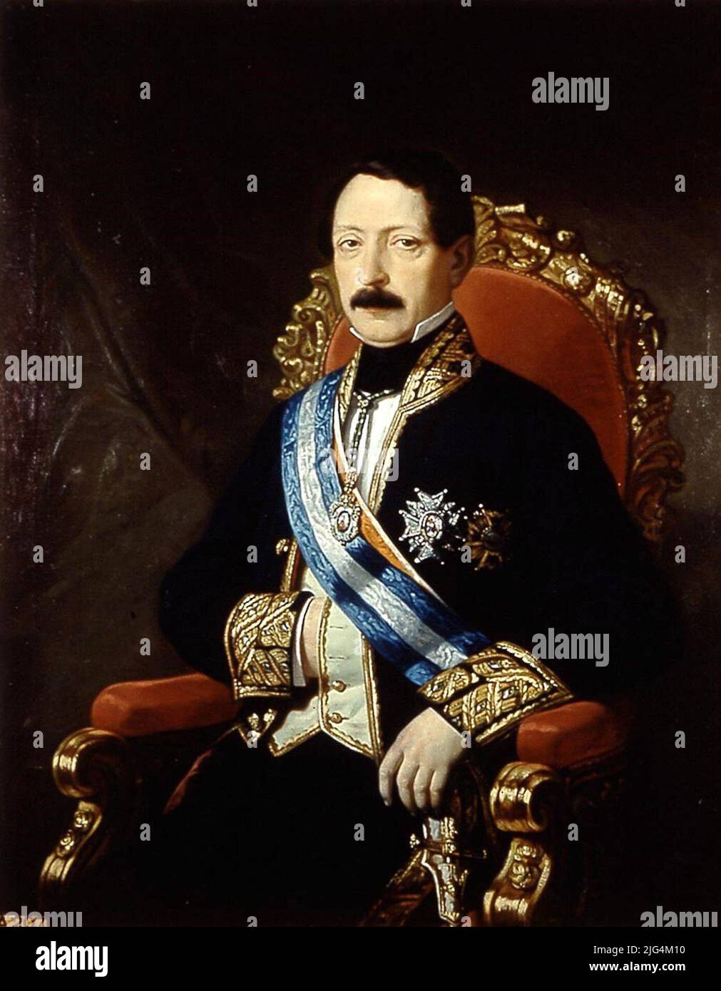 Highlfighter der Armeeartillerie Alejandro Oliván und Borruel (1796-1878). Militärportrait. Der porträtierte war Minister der Marine. Sitzen, drei Viertel, in einem Sessel mit Blick nach vorne. Er trägt eine Uniform des Staatsberaters mit Bands und Platten der Orden von Carlos III. Und Isabel la Católica und verehrt die Diputación de Huesca. Seine rechte Hand versteckt sich in der Weste und seine linke ruht auf dem Arm des Sessels. In der Mitte rechts signiert, L. Botton. Stockfoto