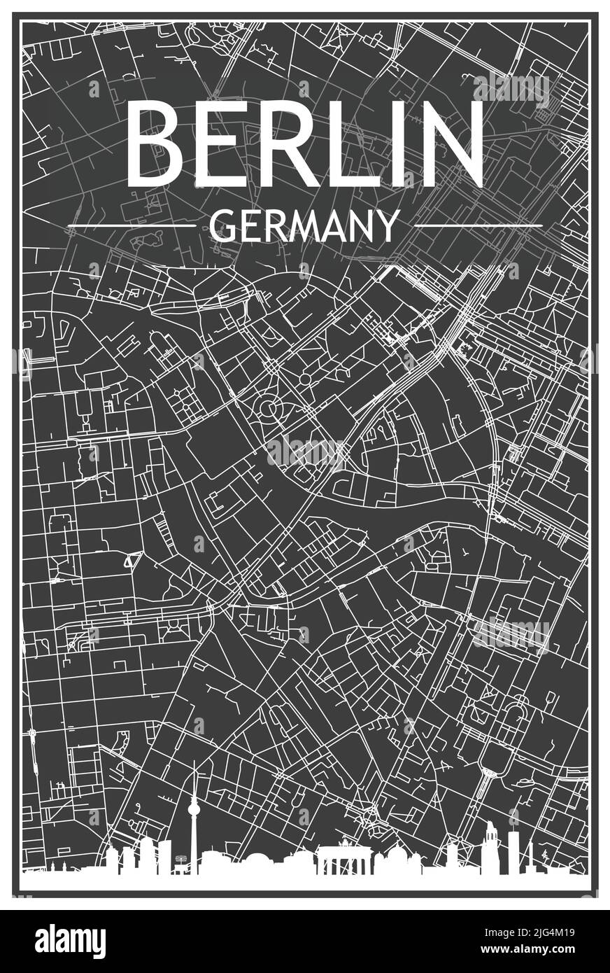 Dunkles Ausdrucksplakat mit Panorama-Skyline und handgezeichneten Straßen auf dunkelgrauem Hintergrund der Berliner Innenstadt Stock Vektor