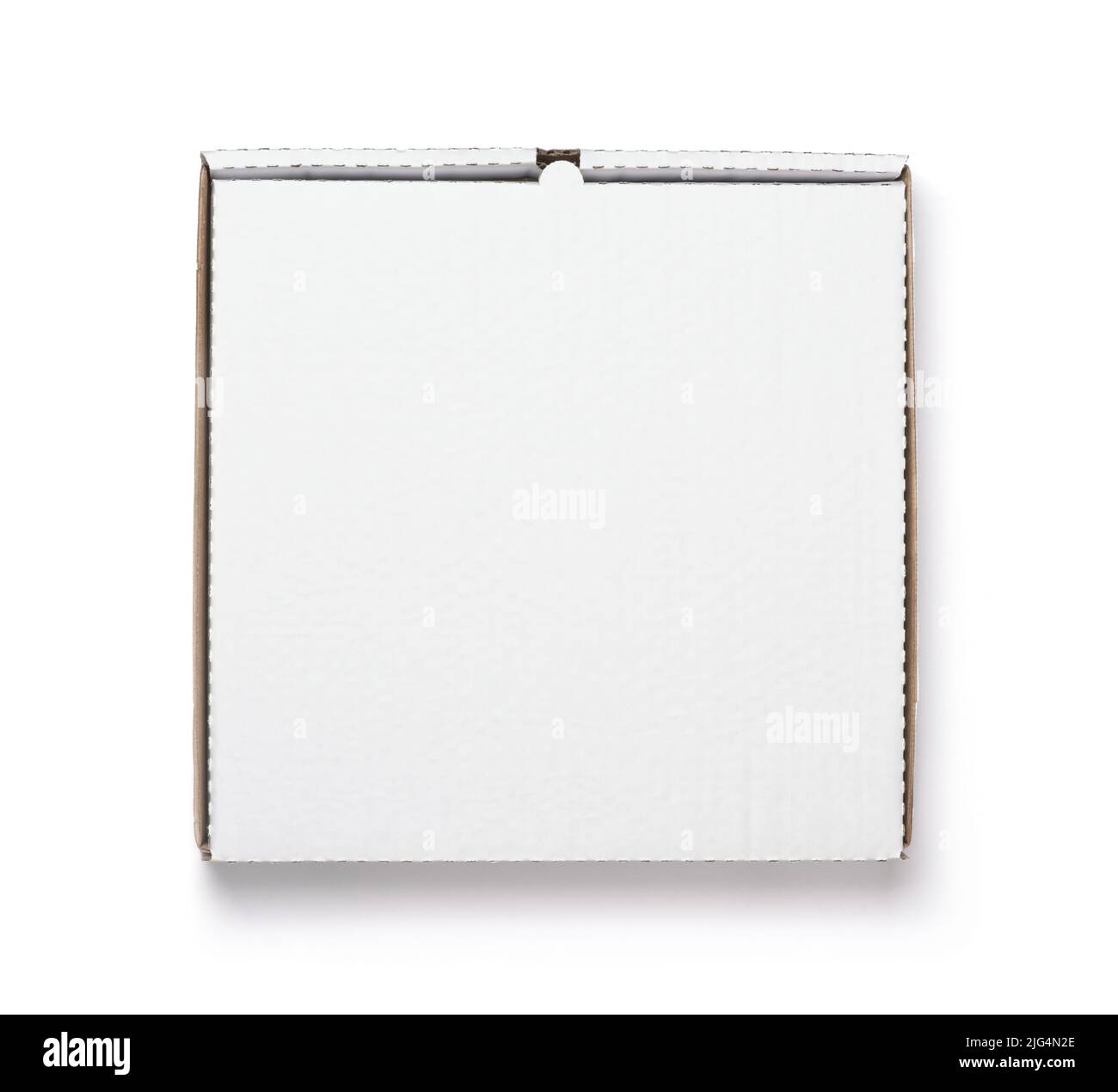 Draufsicht auf weiße, weiße Einweg-Pizzaschachtel isoliert Stockfoto
