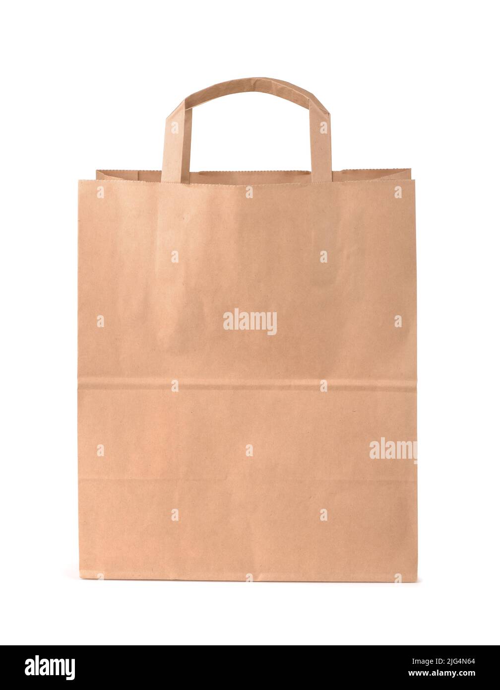 Vorderansicht der braunen Einkaufstasche aus Einwegpapier, isoliert auf Weiß Stockfoto