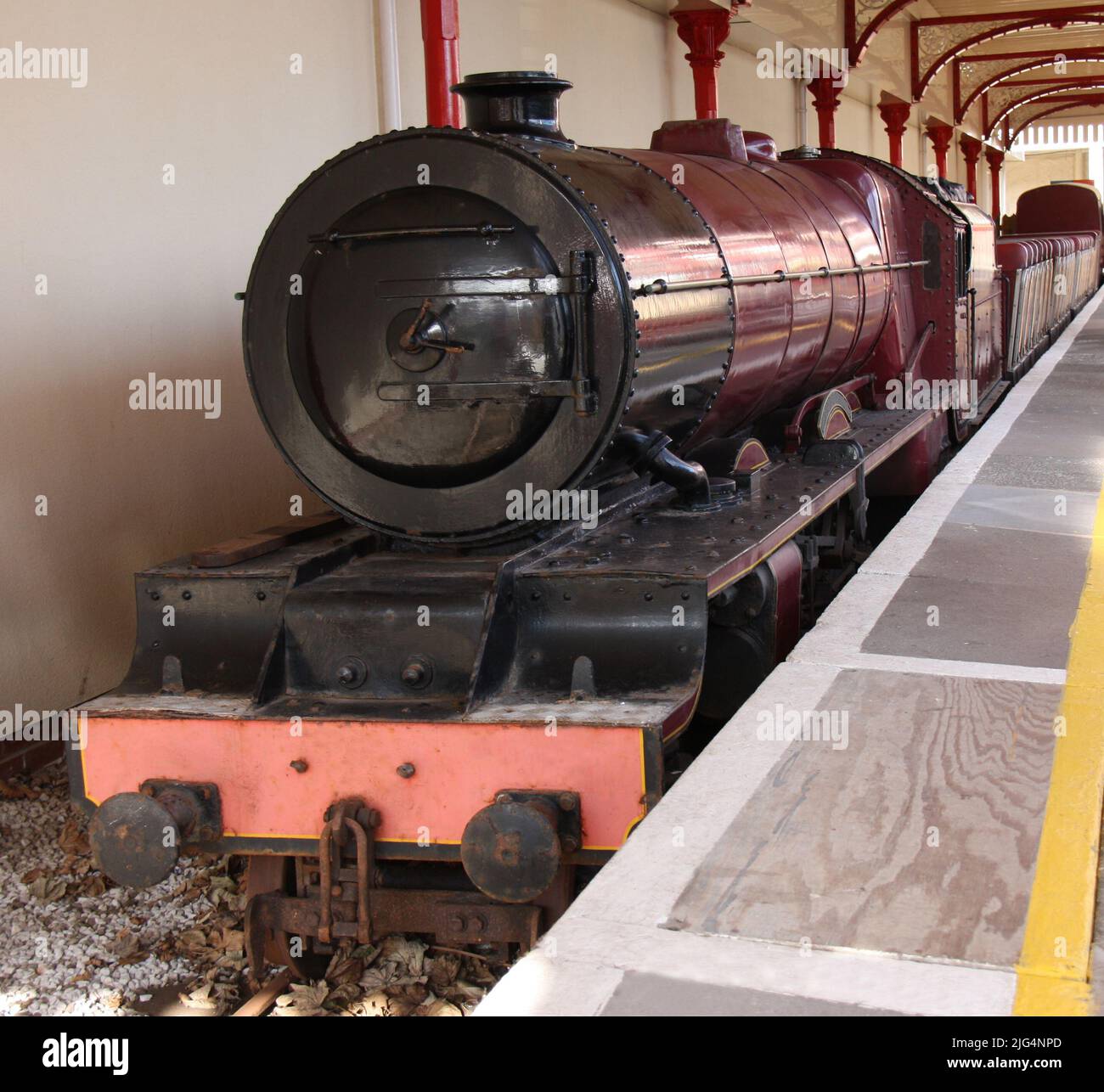 Ein Schmalspurdampfzug und Wagen. Stockfoto