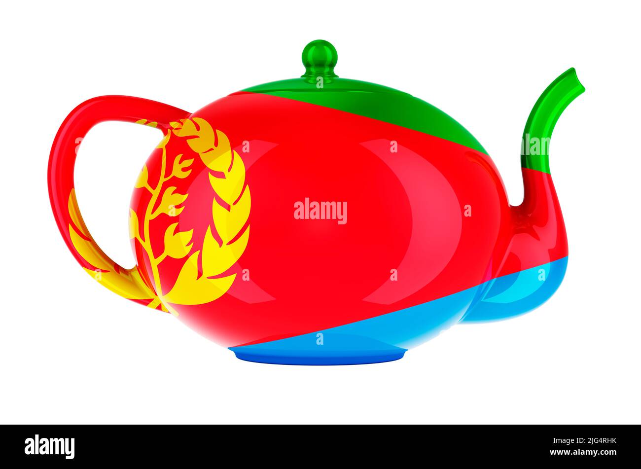 Teekannen mit eritreischer Flagge, 3D Rendering isoliert auf weißem Hintergrund Stockfoto