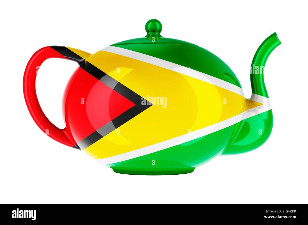 Teekannel mit guyanesischer Flagge, 3D Rendering isoliert auf weißem Hintergrund Stockfoto
