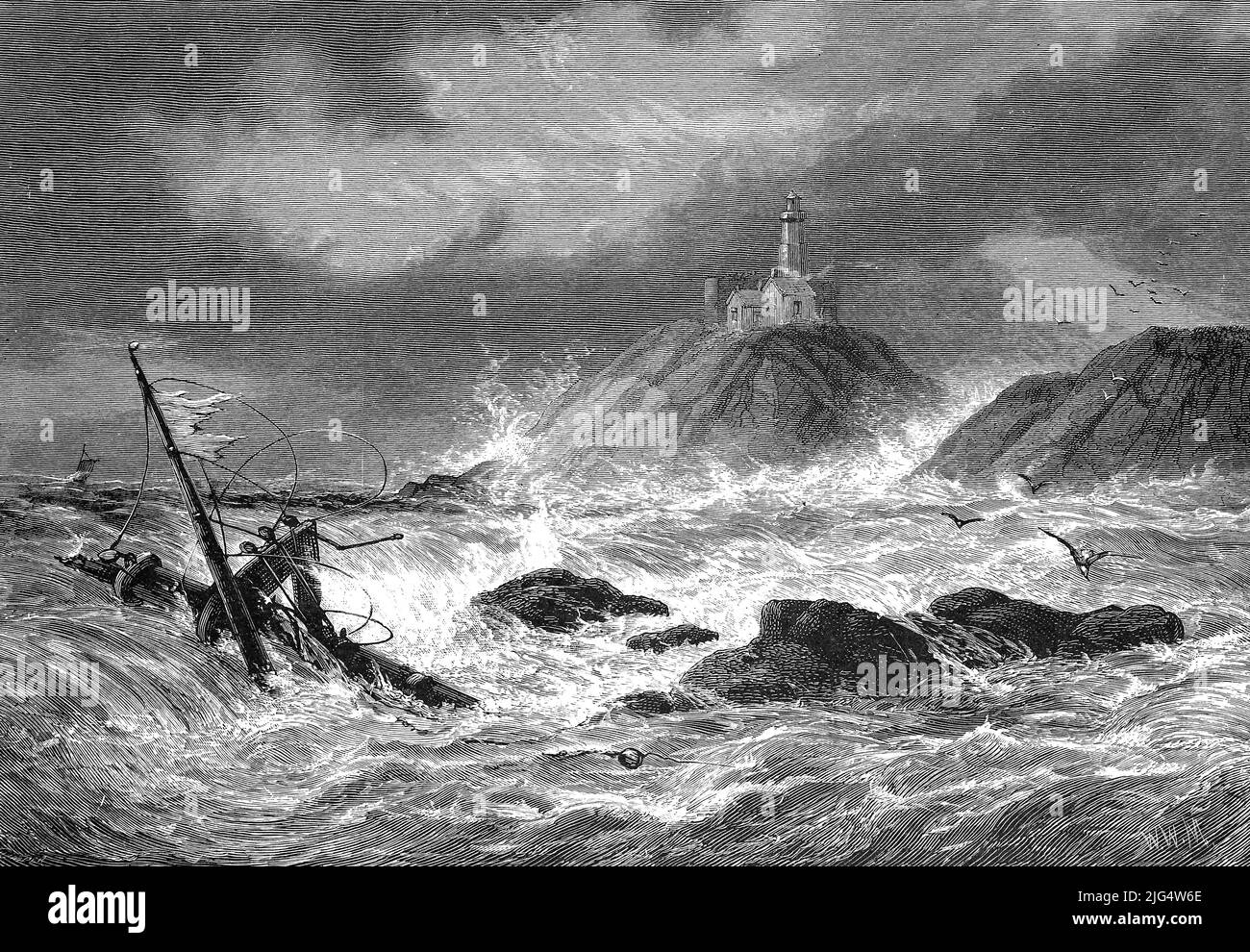 Leuchtturm von Mombles im Jahr 1860, Küste von Wales, Großbritannien, digital restaurierte Reproduktion einer Originalvorlage aus dem 19. Jahrhundert, genaues Originaldatum nicht bekannt / Mombles Lighthouse in 1860, Coast of Wales, Großbritannien, digital restaurierte Reproduktion eines originalen Gemäldes aus dem 19.. Jahrhundert, genaues Originaldatum nicht bekannt Stockfoto